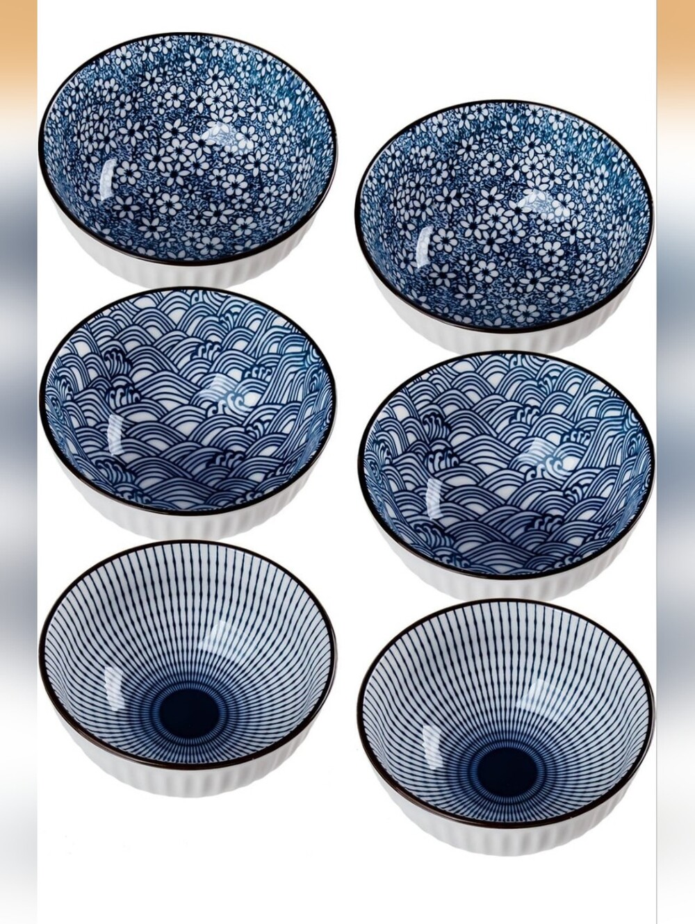 Set of 6 Blue and White Ceramic Bowls